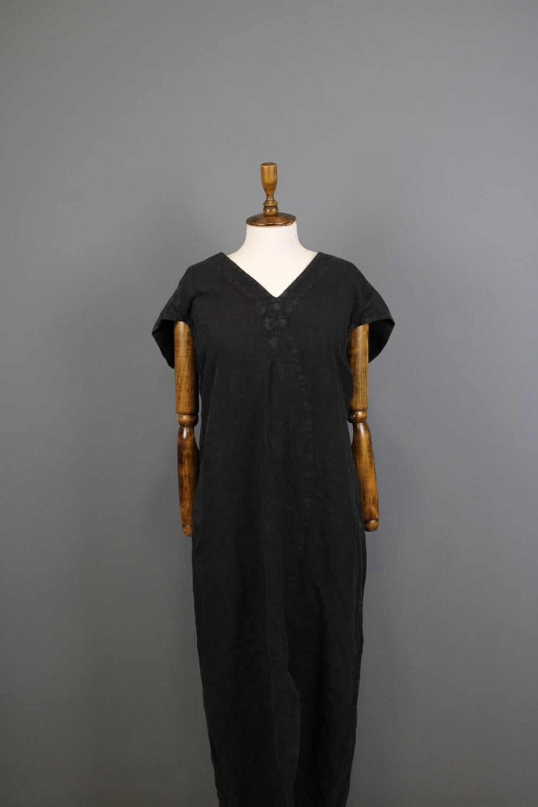 OSKA Black Linen Regular Fit V-Neck Casual Short Sleeve Long Maxi Dress – Size 2