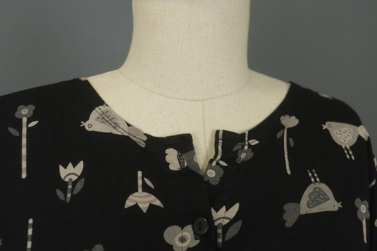 GUDRUN SJODEN Black Floral Long Sleeve Keyhole Neck Button Front Tunic Top Sz L
