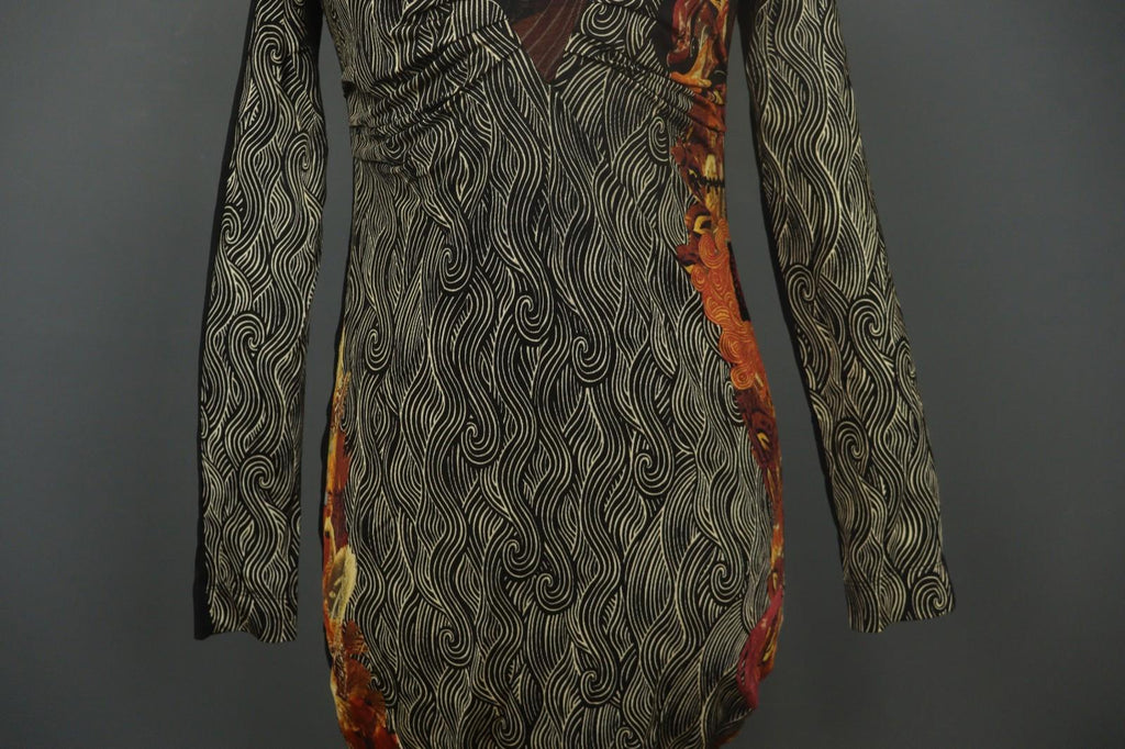 SAVE THE QUEEN Multi Vector Print Viscose Boho Long Sleeve Bodycon Dress – Size M