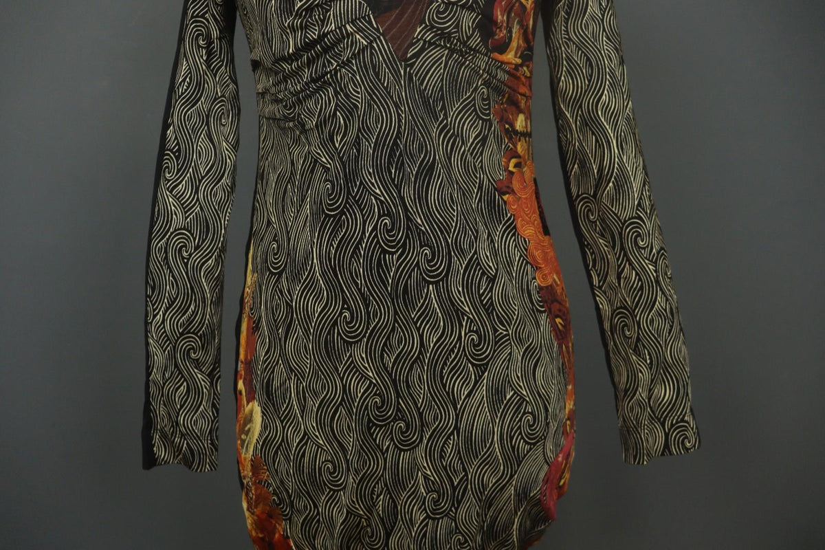 SAVE THE QUEEN Multi Vector Print Viscose Boho Long Sleeve Bodycon Dress – Size M