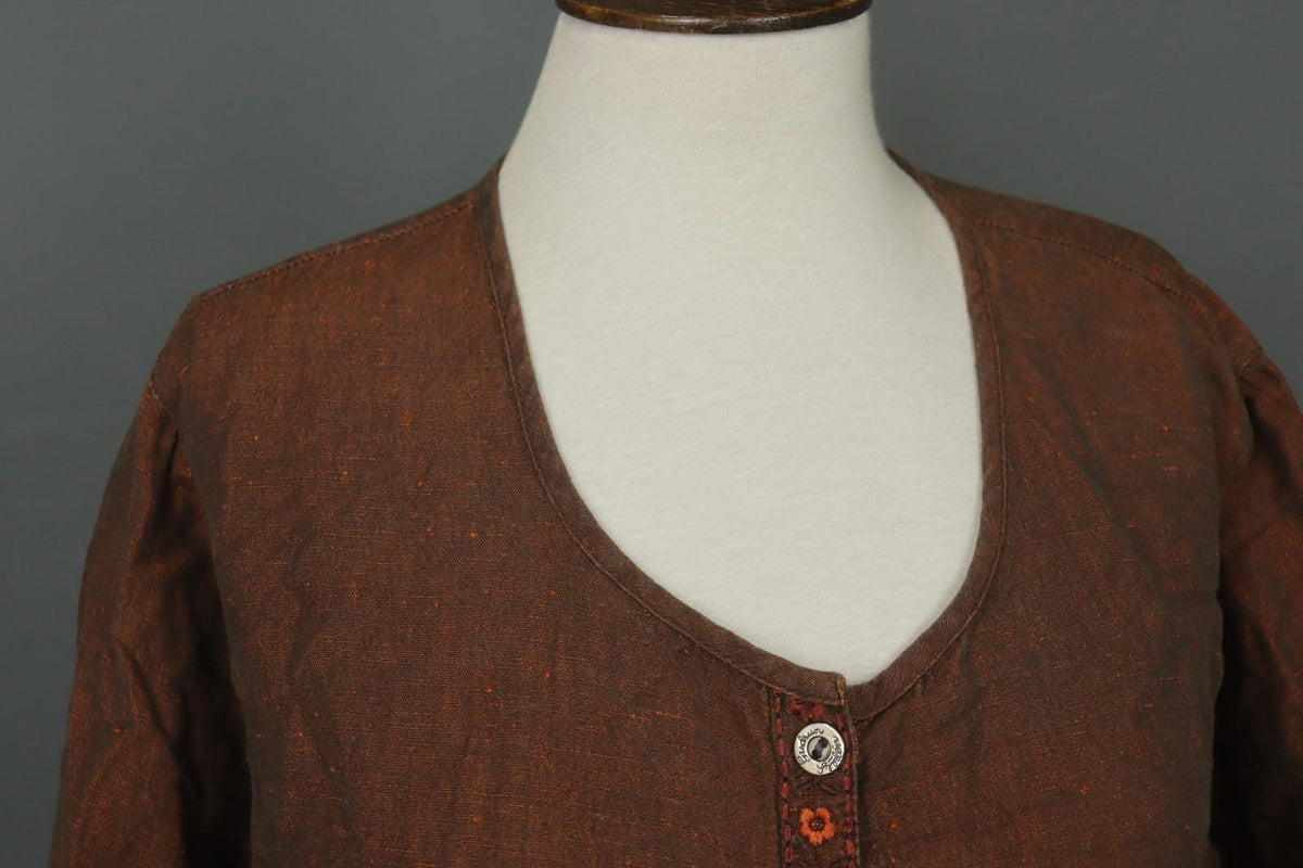 GUDRUN SJÖDEN Brown Lagenlook Linen Long Sleeve Button Front Shirt Dress – Size S