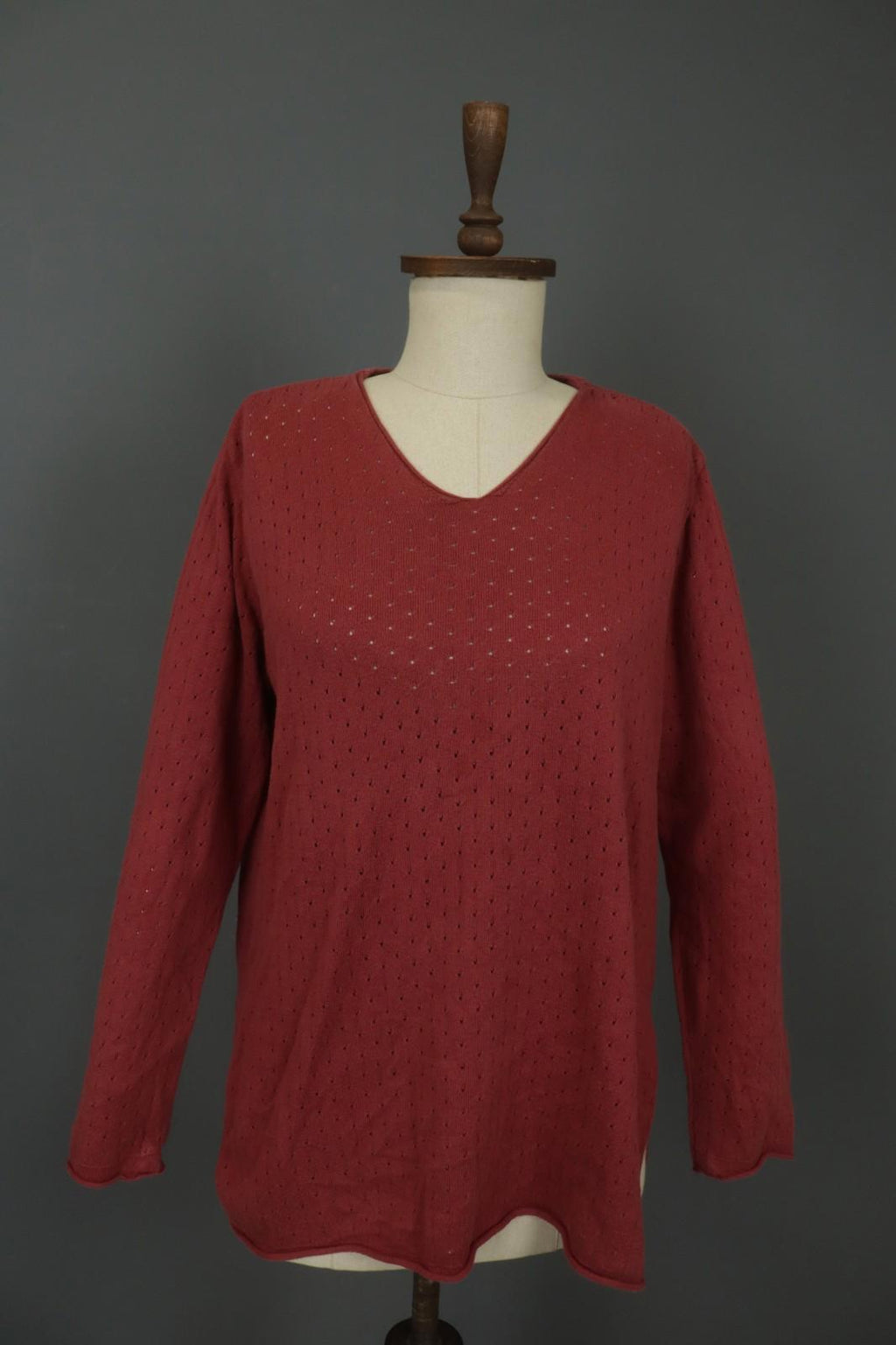 GUDRUN SJODEN Red Cotton Long Sleeve V-Neck Knitted Pullover Blouse Top – Size L