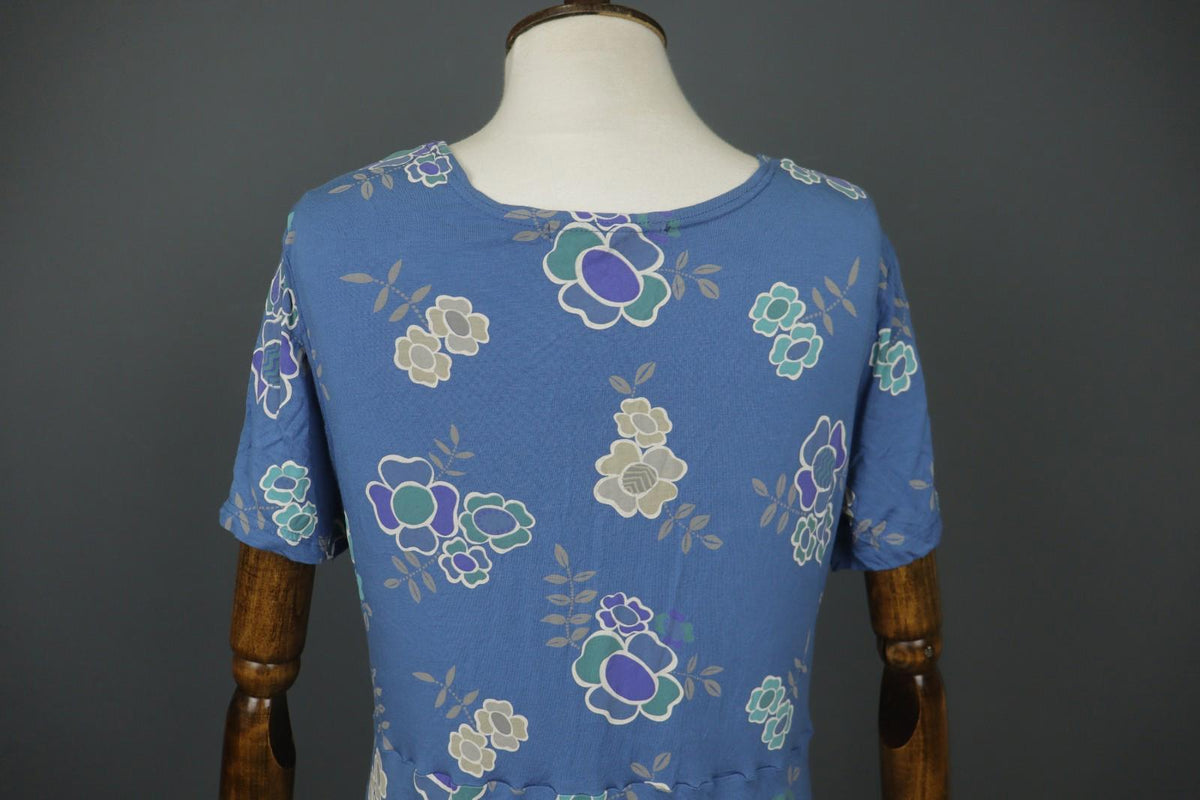 GUDRUN SJODEN Blue Modal Floral Short Sleeve Scoop Neck Shift Dress – Size L