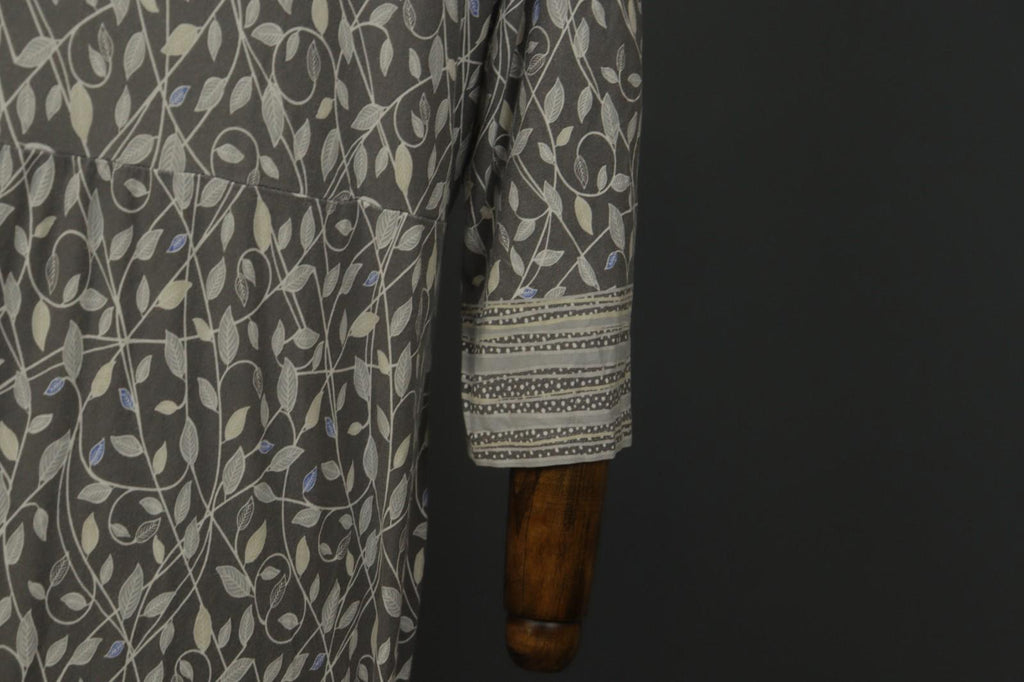 GUDRUN SJODEN Gray Leaf Print Cotton V-Neck Summer Pullover Maxi Dress – Size XL