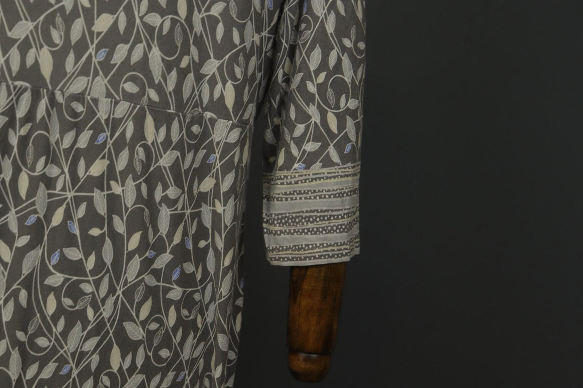 GUDRUN SJODEN Gray Leaf Print Cotton V-Neck Summer Pullover Maxi Dress – Size XL