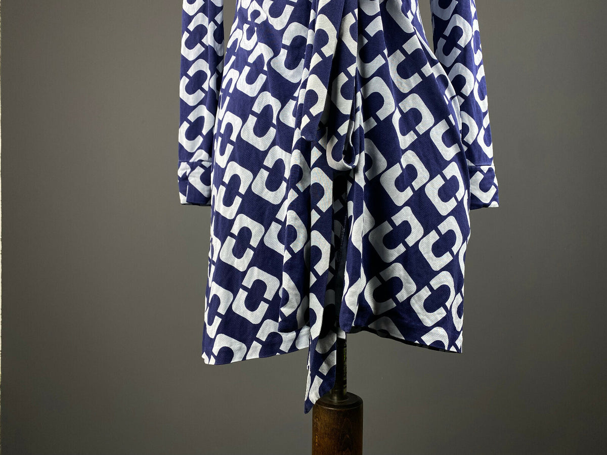 Diane von Furstenberg Blue Silk Open Front Belted A-Line Dress – Women's 2