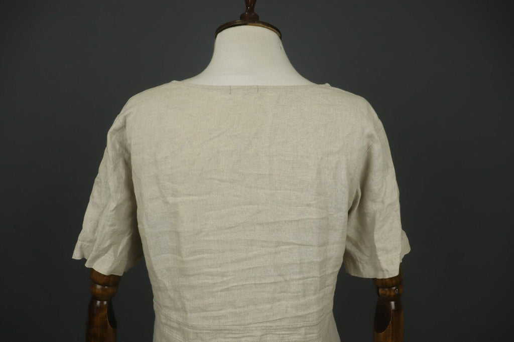 GRIZAS Beige 100% Linen Split Neck Short Sleeve Casual Summer Sheath Dress Sz L
