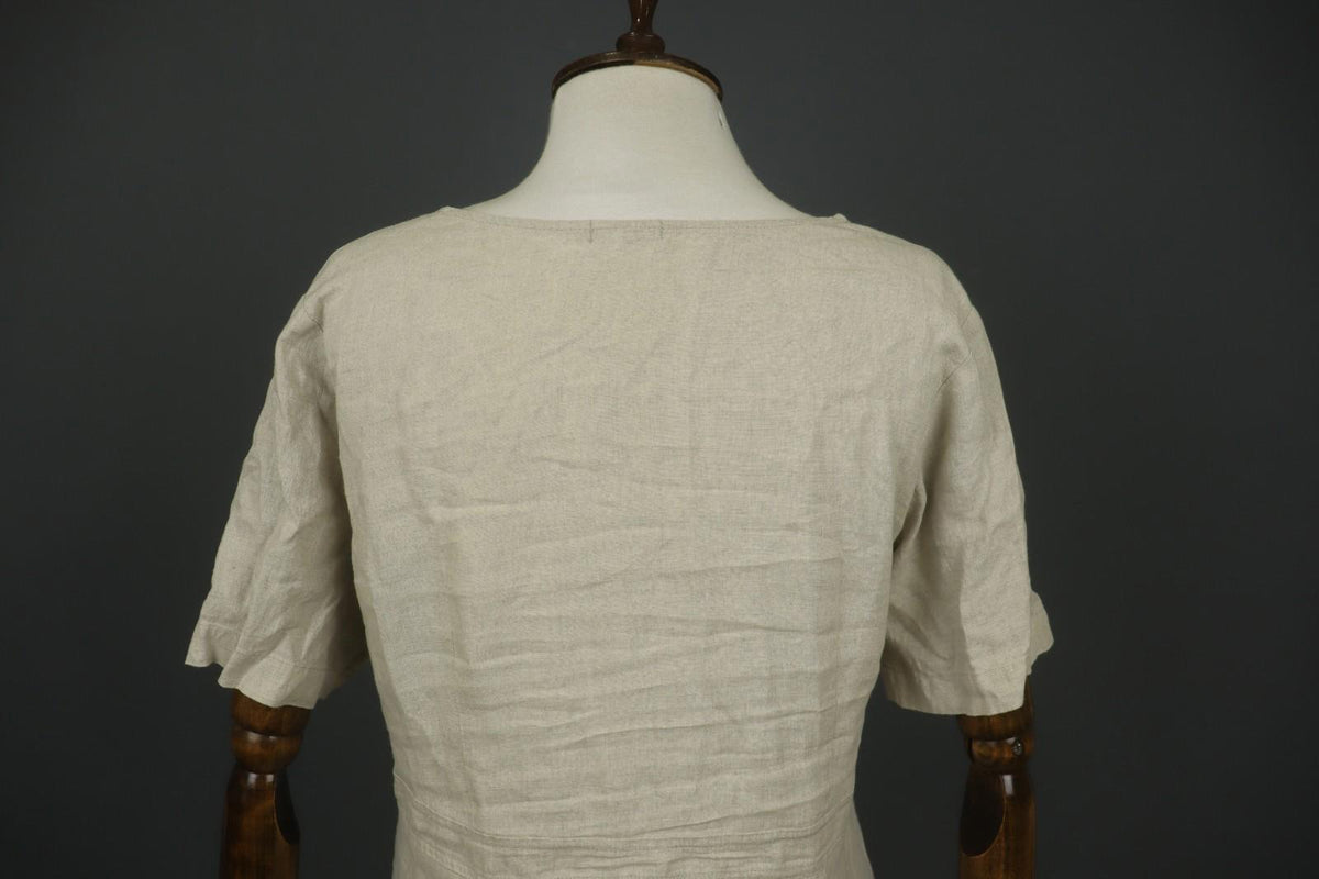 GRIZAS Beige 100% Linen Split Neck Short Sleeve Casual Summer Sheath Dress Sz L