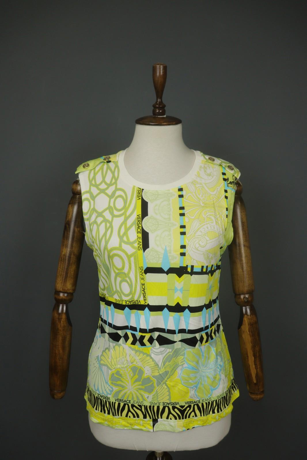 VERSACE JEANS Multicolor Geo Print Sleeveless Shoulder Button Blouse Top – Size 42