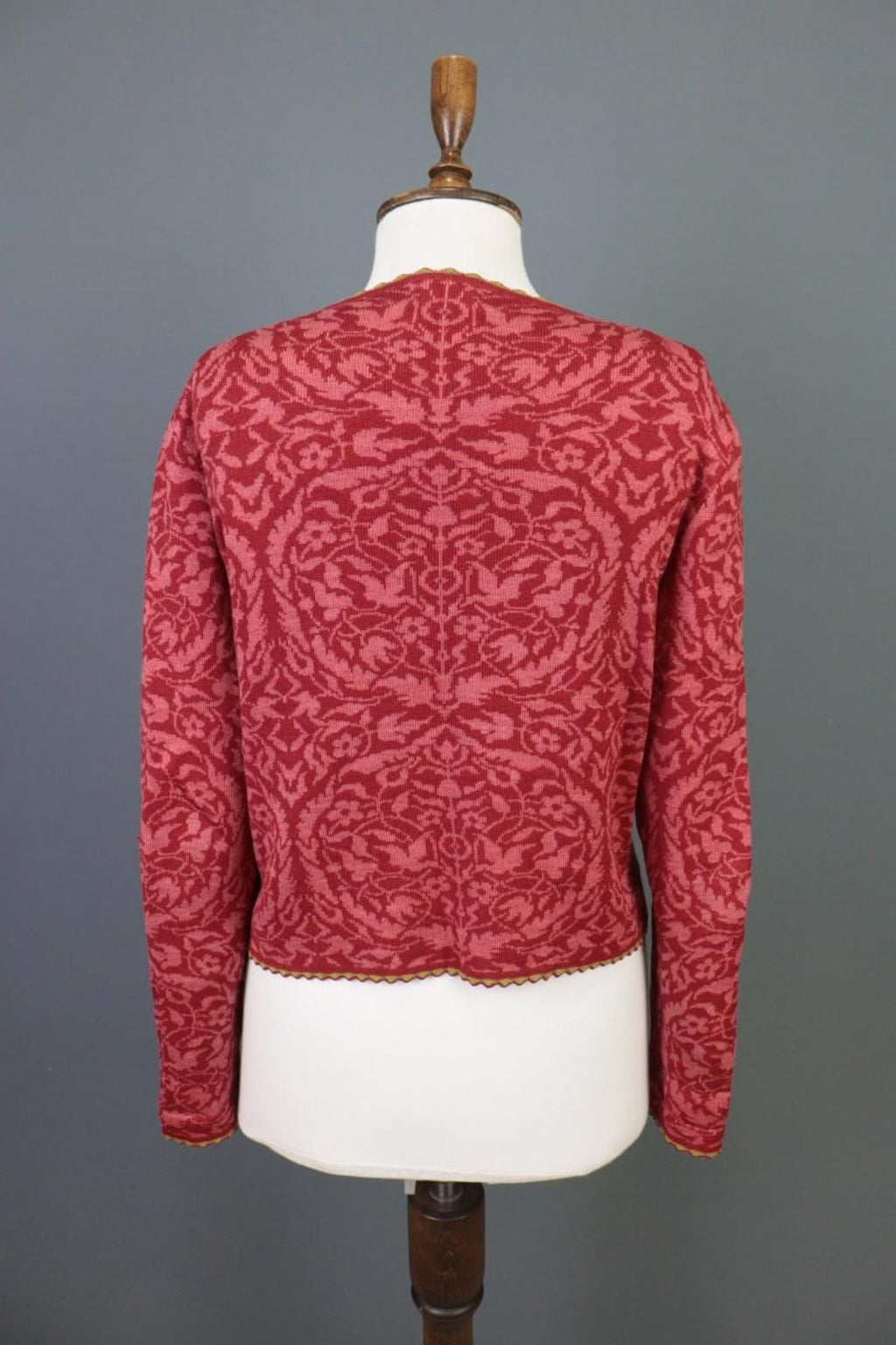 OLEANA Red Floral Round Neck Long Sleeve Button Front Cardigan Sweater S/M