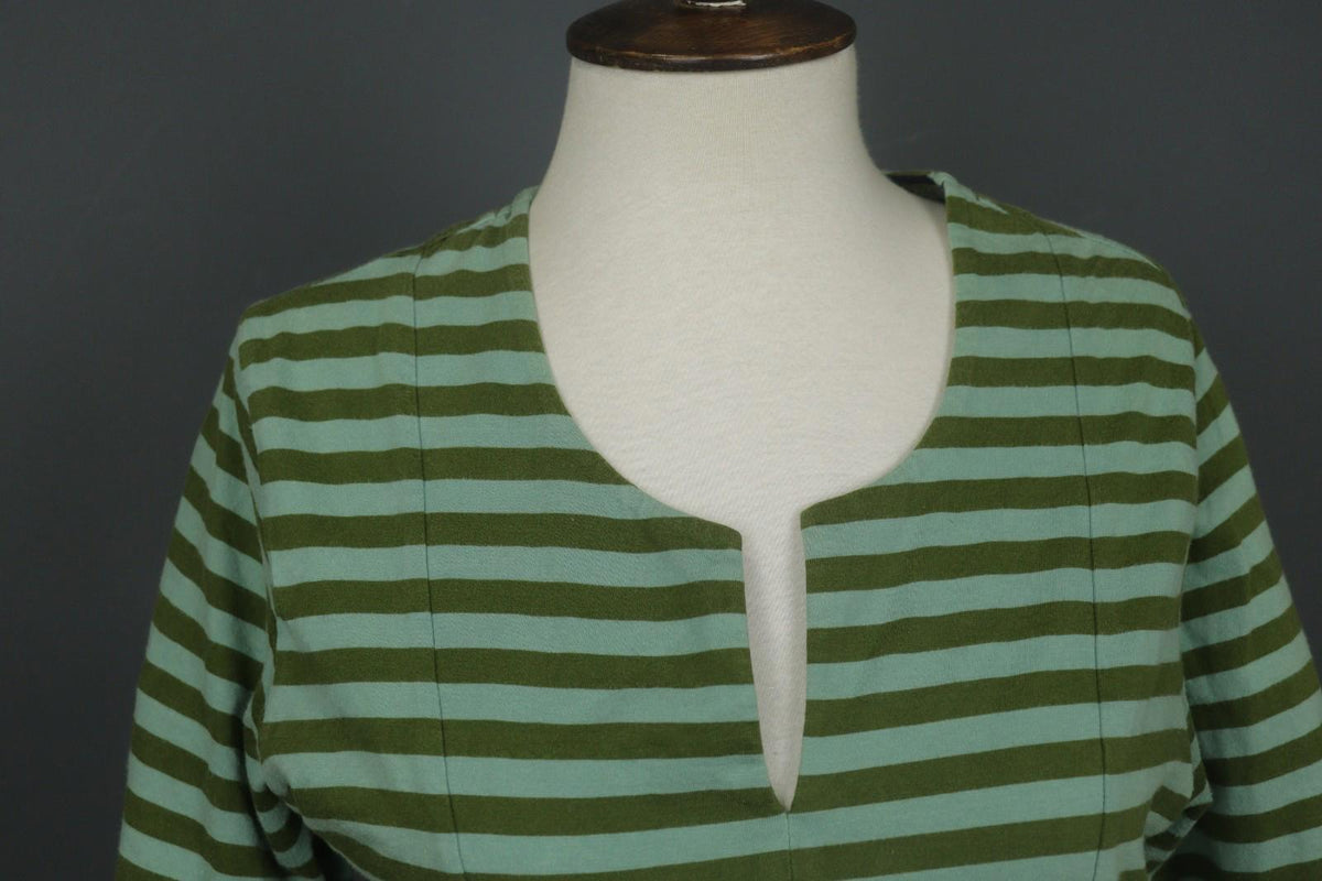 GUDRUN SJODEN Green Striped Organic Cotton Split V-Neck A-Line Dress – Size S