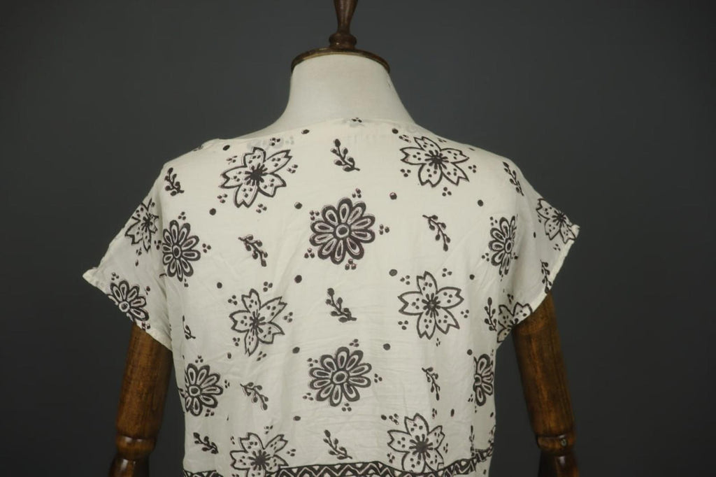 GUDRUN SJODEN White & Black Floral Cotton Cap Sleeve Crew Neck Sheath Dress Sz S
