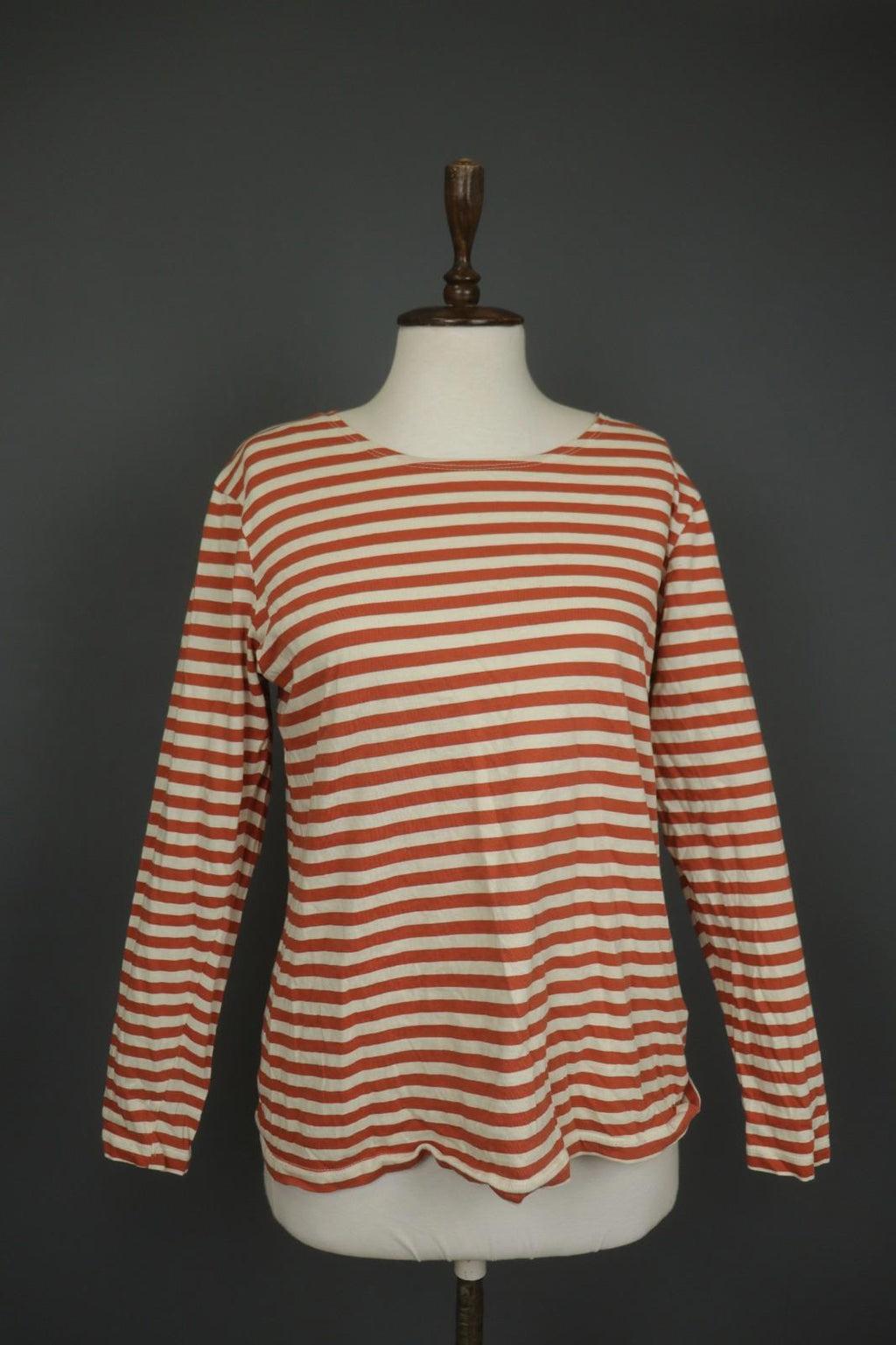 GUDRUN SJODEN Orange White Striped Comfort Long Sleeve Pullover Blouse Top Sz M