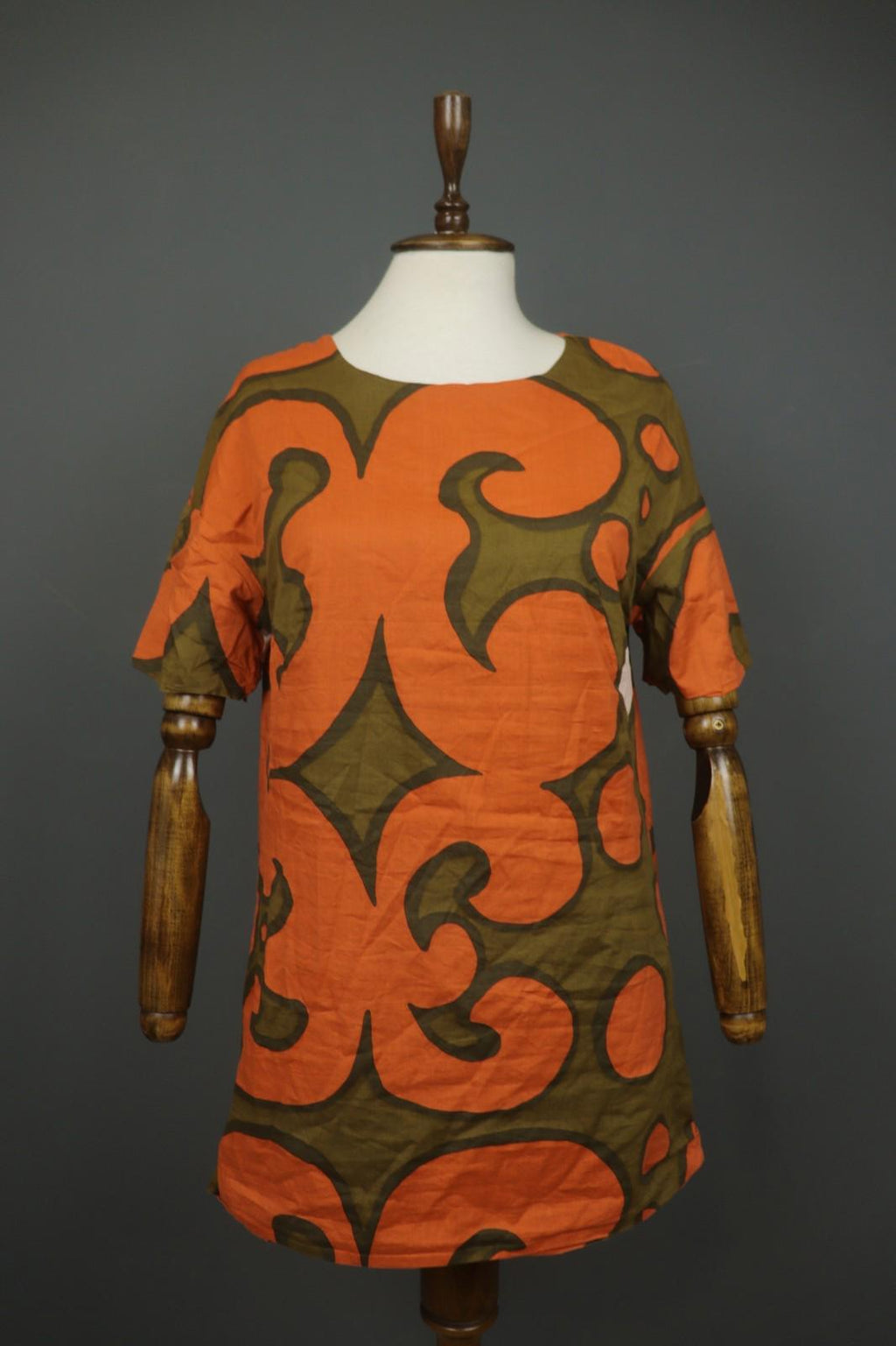 MARIMEKKO Orange Green Geometric Cotton Stretch Round Neck Shift Dress – Size 34