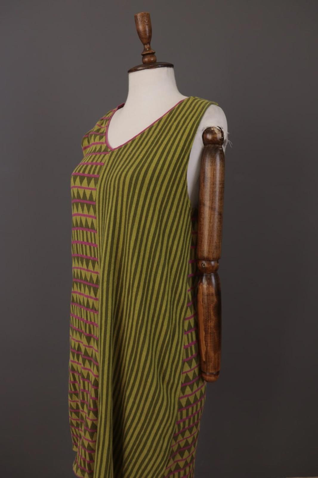 GUDRUN SJODEN Green Geometric Striped Sleevelss A-Line Short Dress – Size M