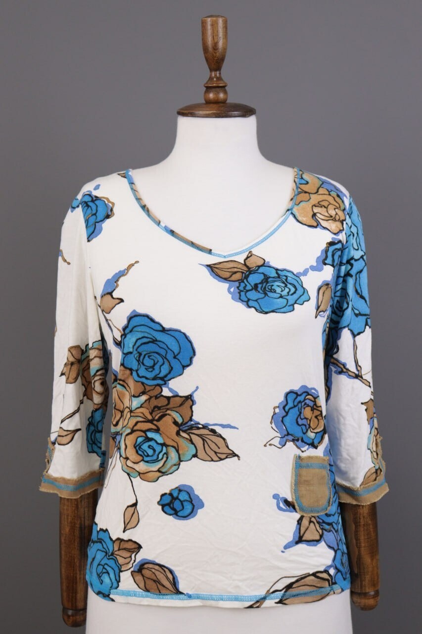 Bottega by Elisa Cavaletti White Floral Linen 3/4 Sleeve Top Shirt – Size L