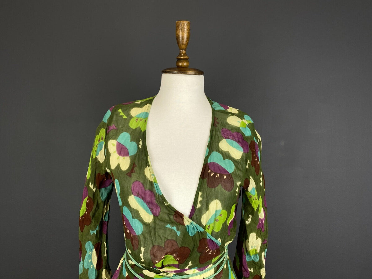 Gudrun Sjoden Green Floral Wrap Belted 3/4 Sleeve Blouson Midi Dress – Size M