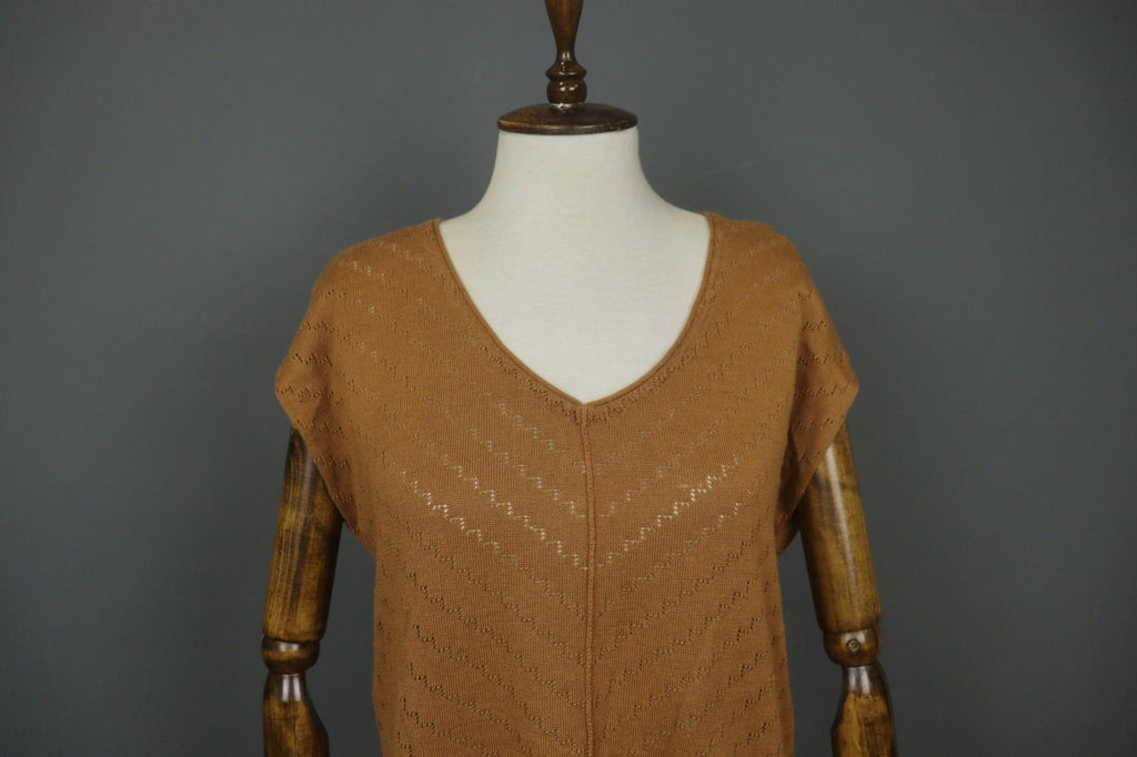 GUDRUN SJODEN Brown Ramie Open Knit Short Sleeve V-Neck Sweater Dress – Size L – Used