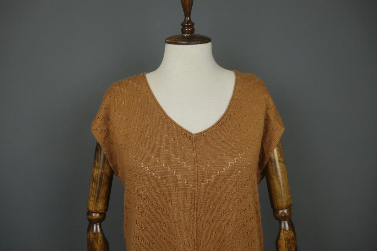 GUDRUN SJODEN Brown Ramie Open Knit Short Sleeve V-Neck Sweater Dress – Size L