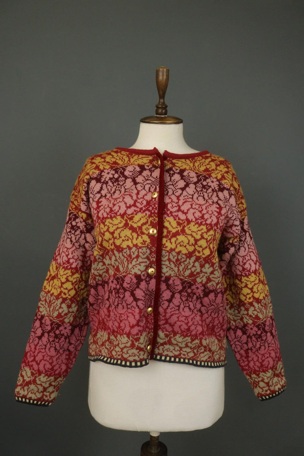 OLEANA Multi 100% Wool Floral Knitted Long Sleeve Button Front Cardigan – Size M