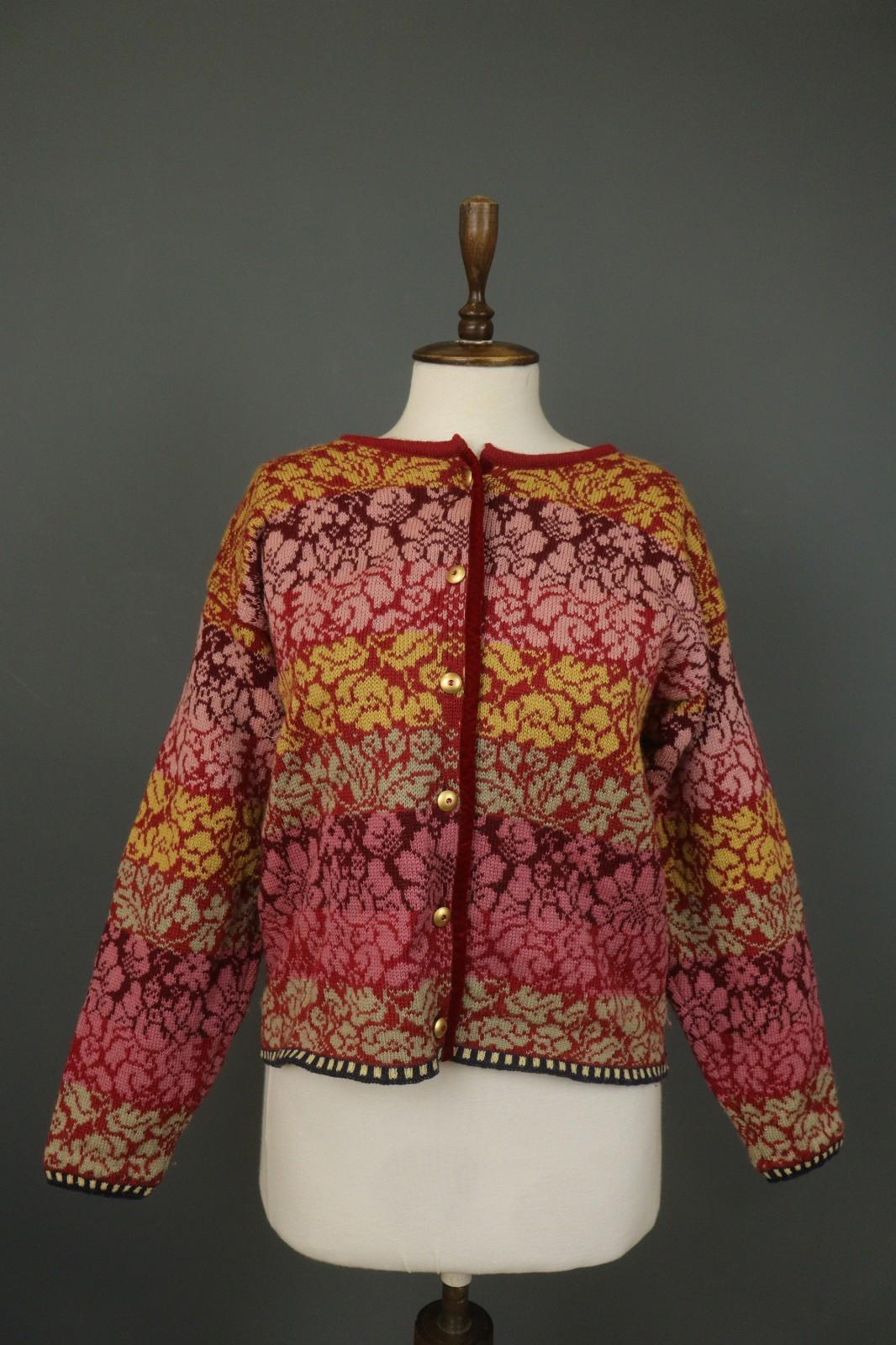 OLEANA Multi 100% Wool Floral Knitted Long Sleeve Button Front Cardigan – Size M