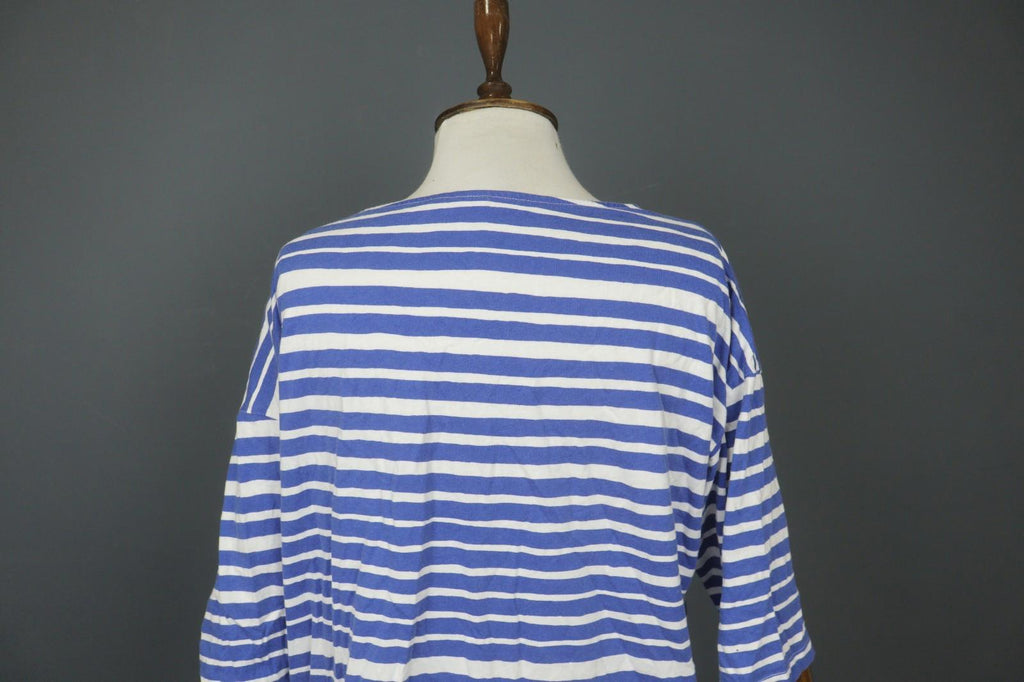 MARIMEKKO Blue White Striped 100% Cotton Round Neck 3/4 Sleeve Tunic Dress Sz L