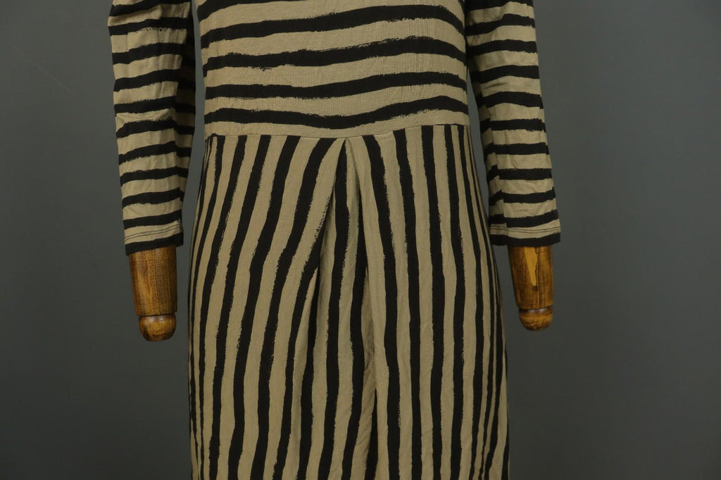 GUDRUN SJODEN Brown Black Striped Lyocell Casual Round Neck Shift Dress – Size S