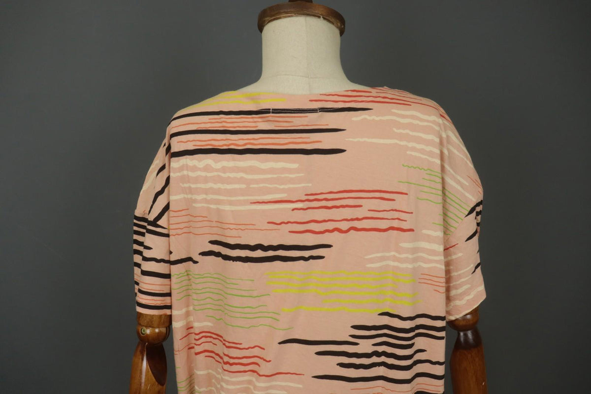GUDRUN SJODEN Multi Striped Cotton Short Sleeve V-Neck Pullover Blouse Top Sz L
