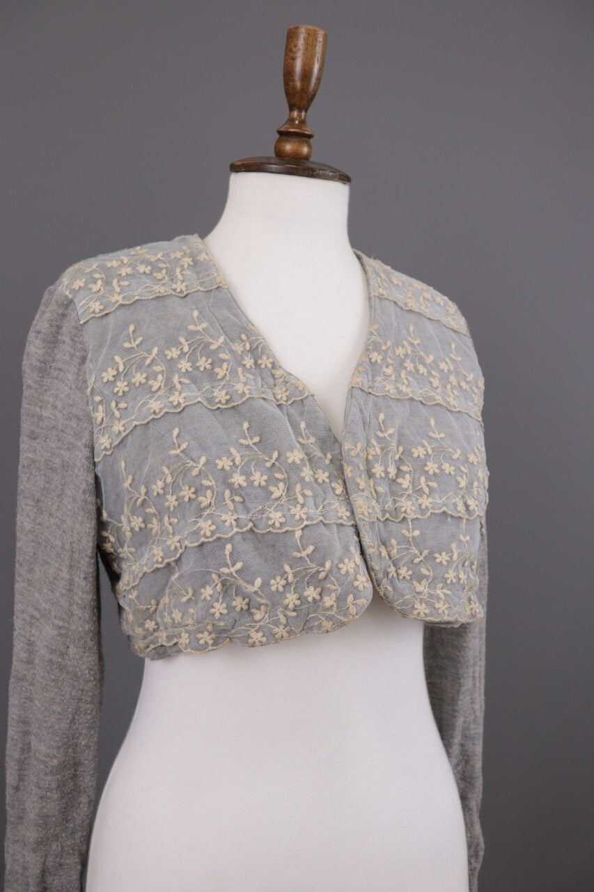 Elisa Cavaletti Gray Floral Mesh Wool Cropped Cardigan Sweater – Size L – Used