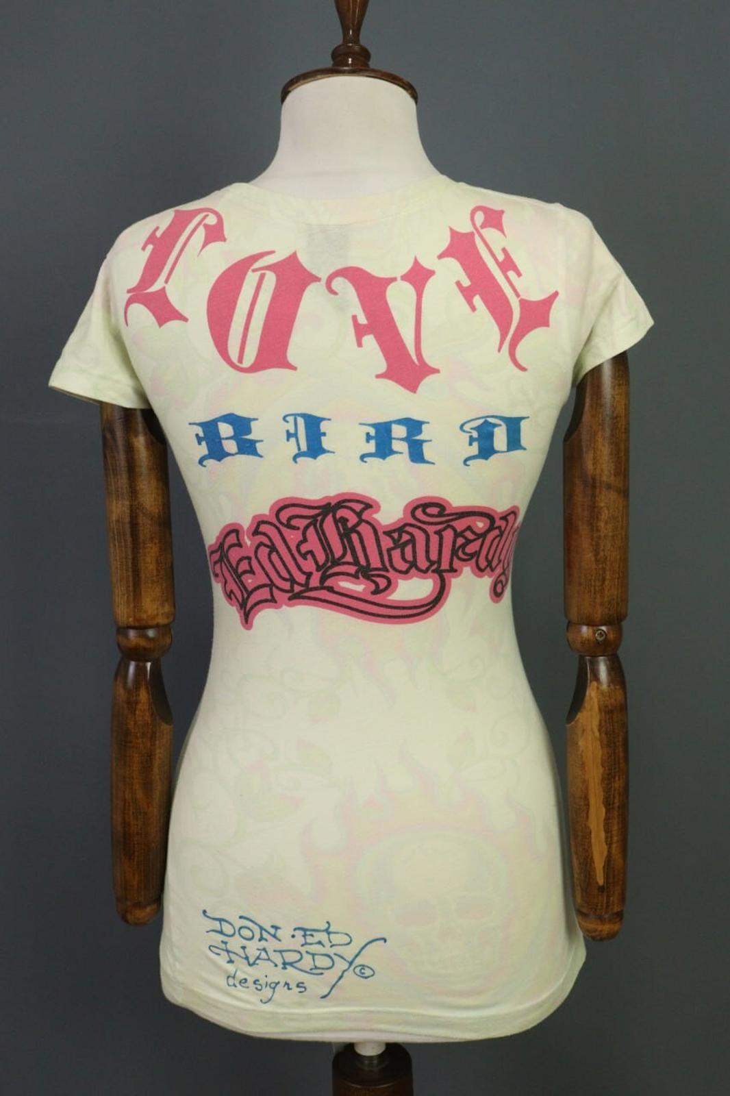 ED HARDY Blouse Shirt Love Kills Slowly Beige Printed Short Sleeve – Size S