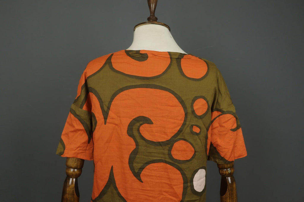 MARIMEKKO Orange Green Geometric Cotton Stretch Round Neck Shift Dress – Size 34