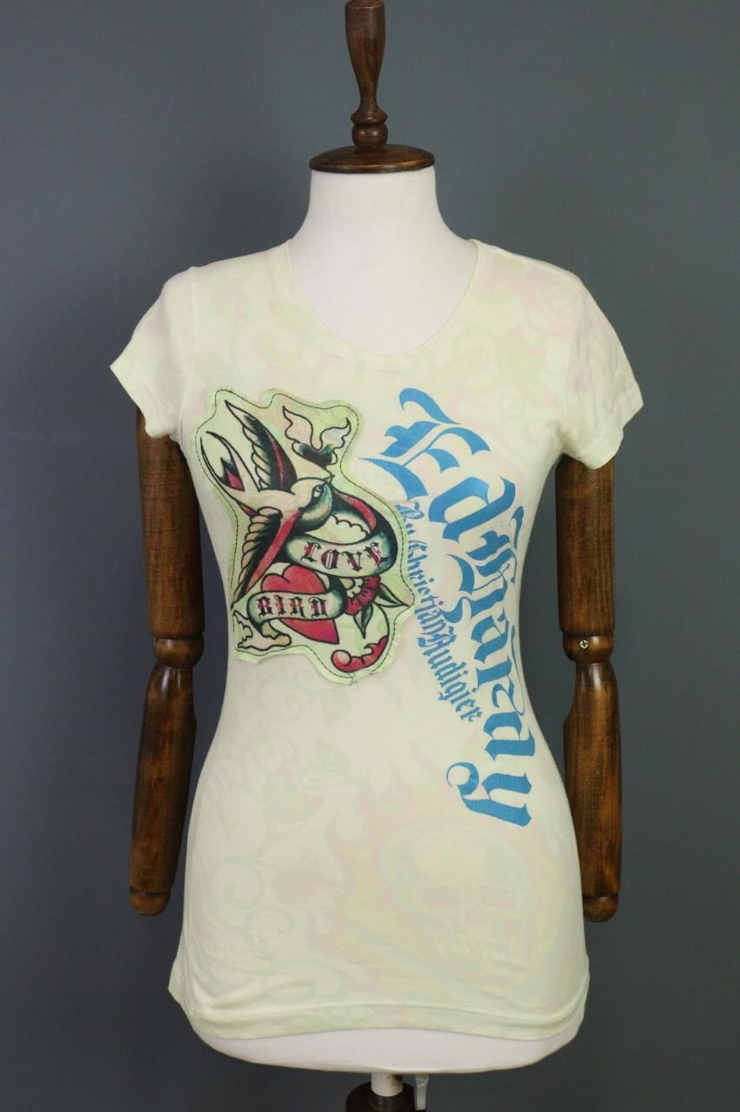 ED HARDY Blouse Shirt Love Kills Slowly Beige Printed Short Sleeve – Size S