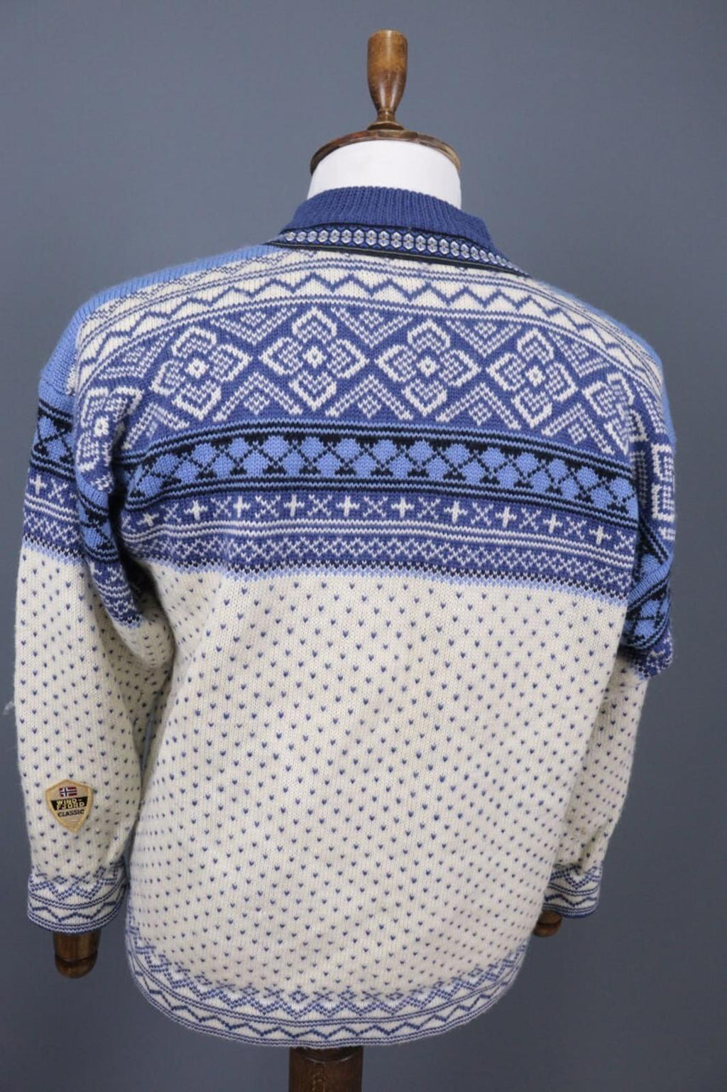 WIND-FJORD CALSSIC Blue / Beige Wool Full Zip Ski Jacket – Size S