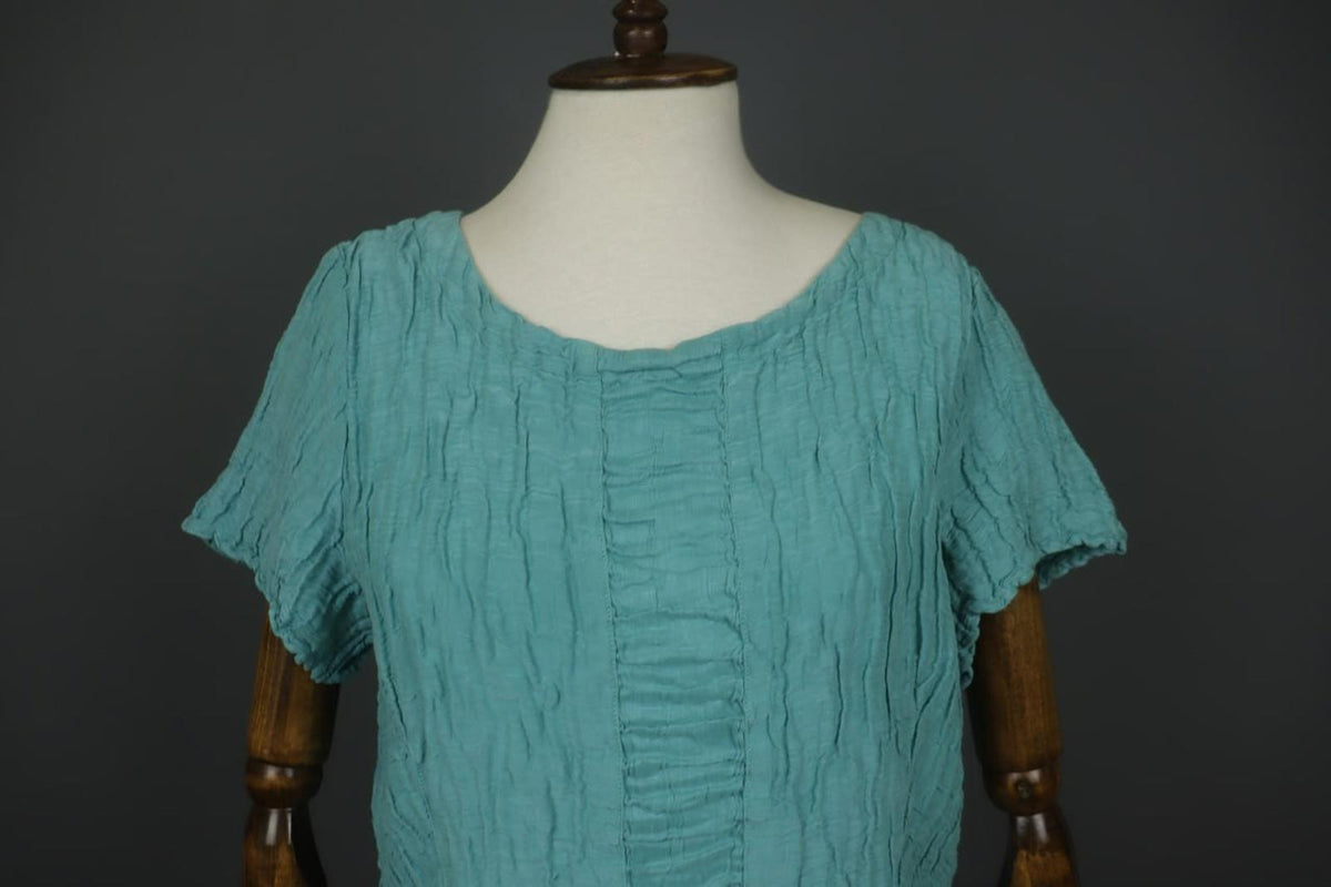 GRIZAS Green Linen Short Sleeve Crew Neck Seersucker Pullover Blouse Top – Size XL