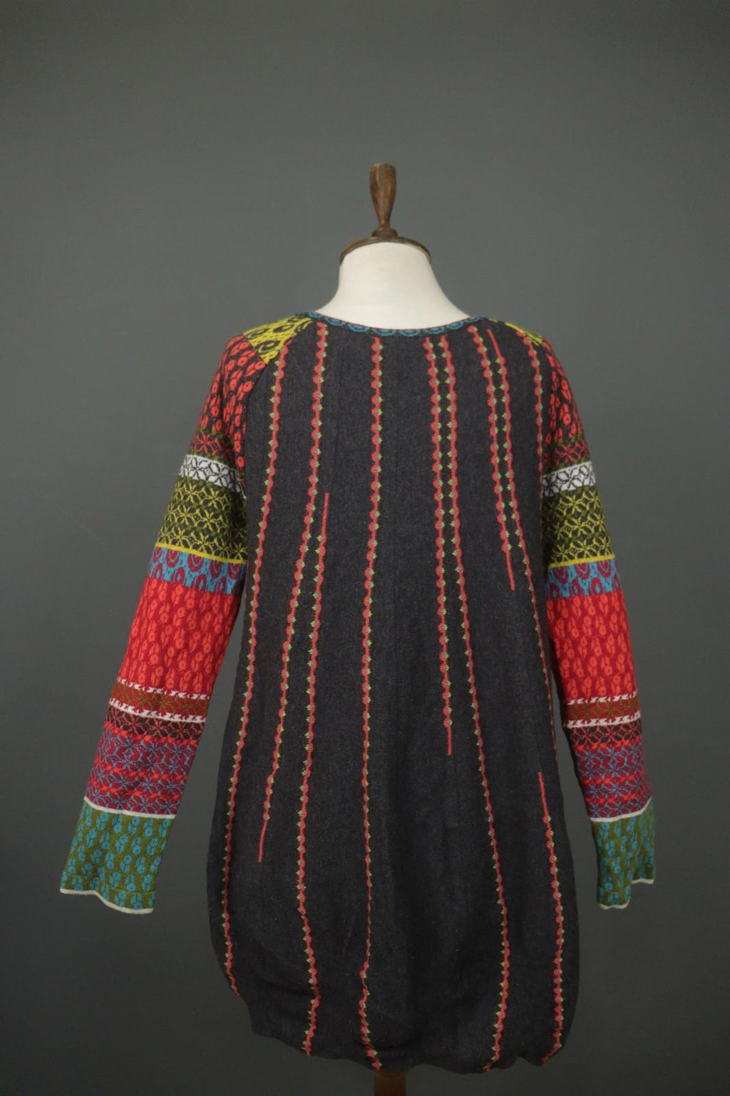 IVKO Multi Geo Print 100% Wool Knitted Long Sleeve V-Neck Sweater Dress – Size 40
