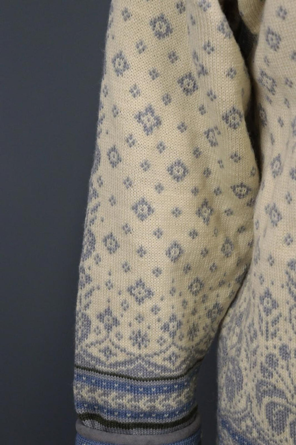DALE OF NORWAY Beige Blue Fair Isle Wool Full Zip Knit Cardigan Sweater – Size M