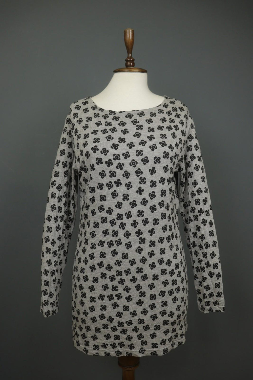 GUDRUN SJODEN Black Gray Floral 100% Modal Long Sleeve Round Neck Dress S/M