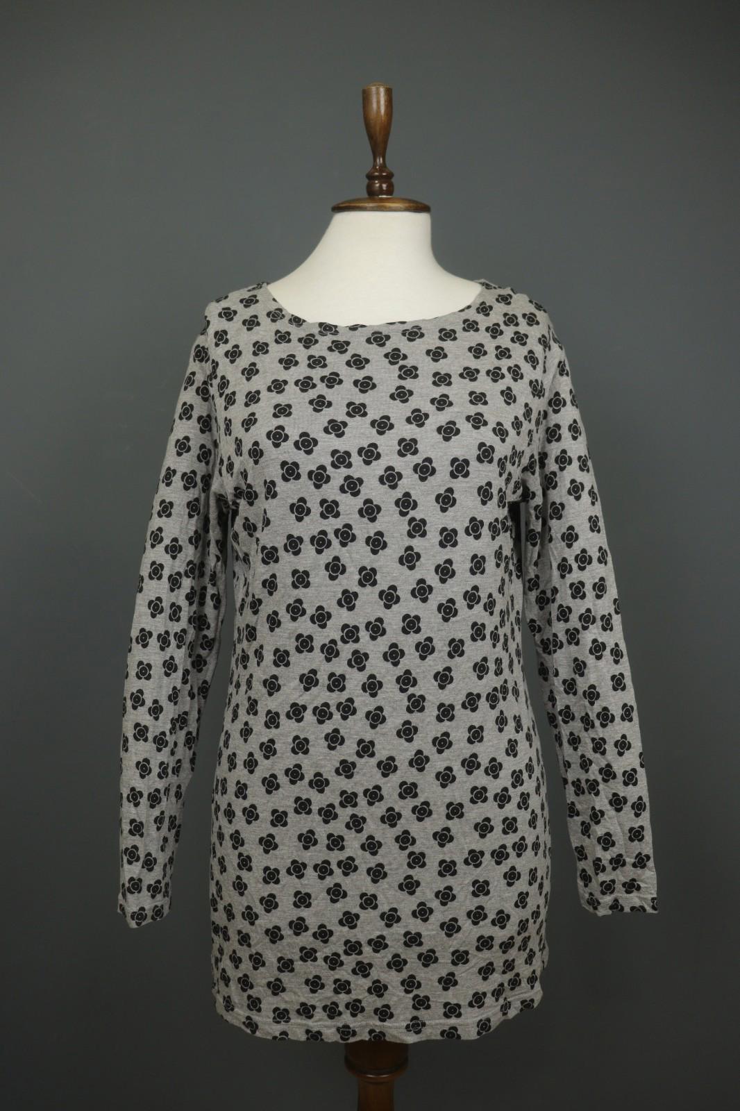 GUDRUN SJODEN Black Gray Floral 100% Modal Long Sleeve Round Neck Dress S/M